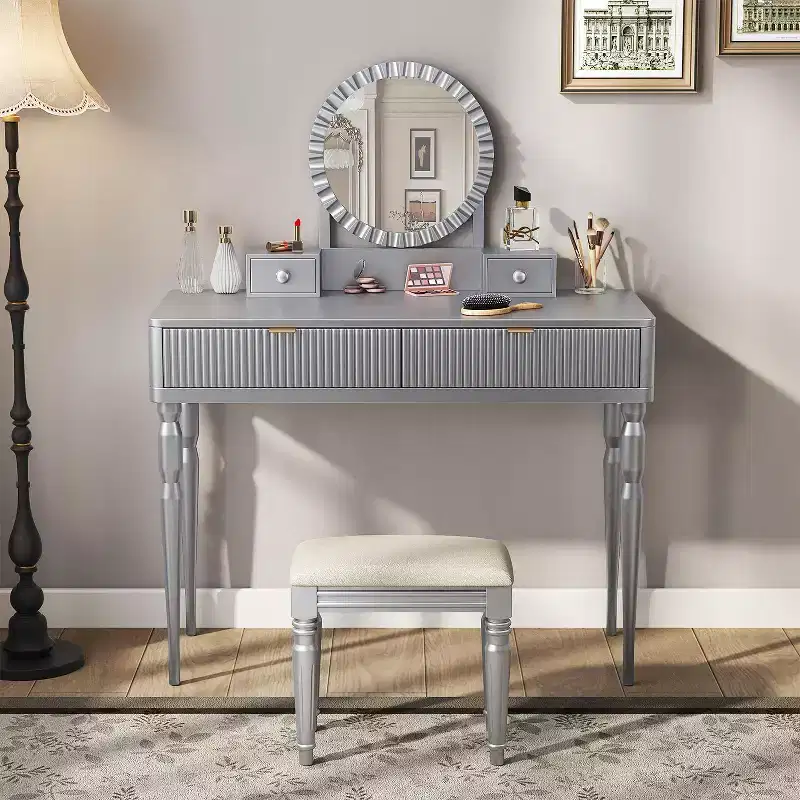 Okak Elegent Vanity Desk with Round Mirror, Height-Adjustable Makeup Vanity with Padding Stool, Vanity Table for Living Room, Silver