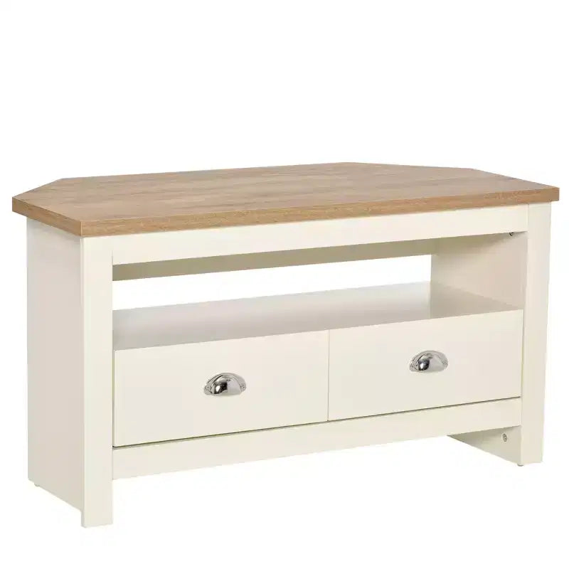 GDFStudio Cordoba Modern Wood Corner TV Stand with Drawers and Open Shelf