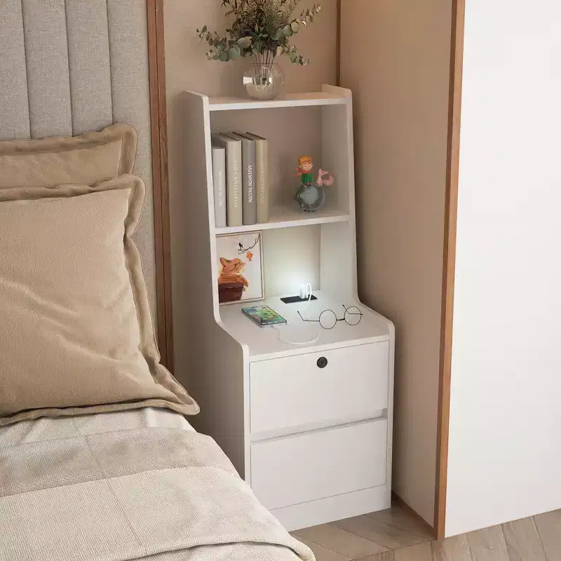 JVNOXK 15-inch Smart Nightstand with Charging Station, Voice-Activated Night Light, Built-in Bookshelf, Storage Compartment, White