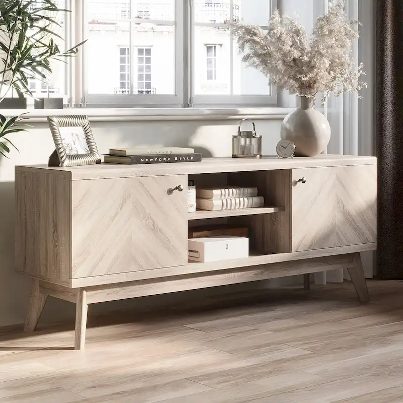Scandi Mid-Century Modern Herringbone TV Stand for TVs up to 65 Inches with Wooden Legs