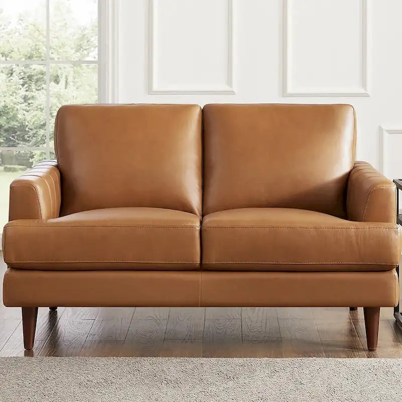 Ivy Living Cassia Top Grain Leather Loveseat with Feather Memory Foam and Springs