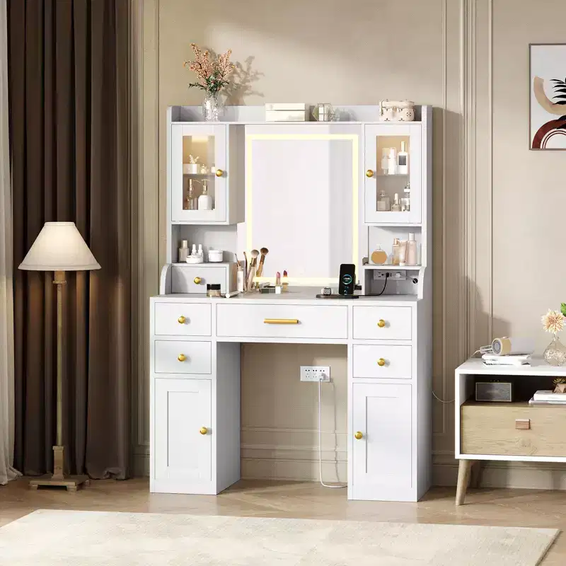 41 Vanity Desk with Mirror & Lights, Makeup Vanity with 6 Drawers, Storage Shelves, RGB Cabinets & 3 Adjustable Brightness for Women Girls