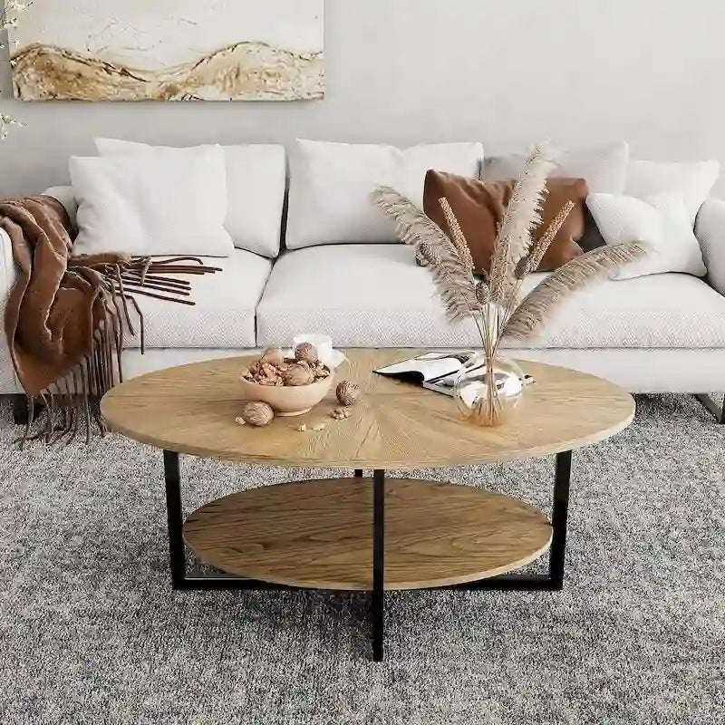 Solid Wood Oval Coffee Table with Cross Metal Legs