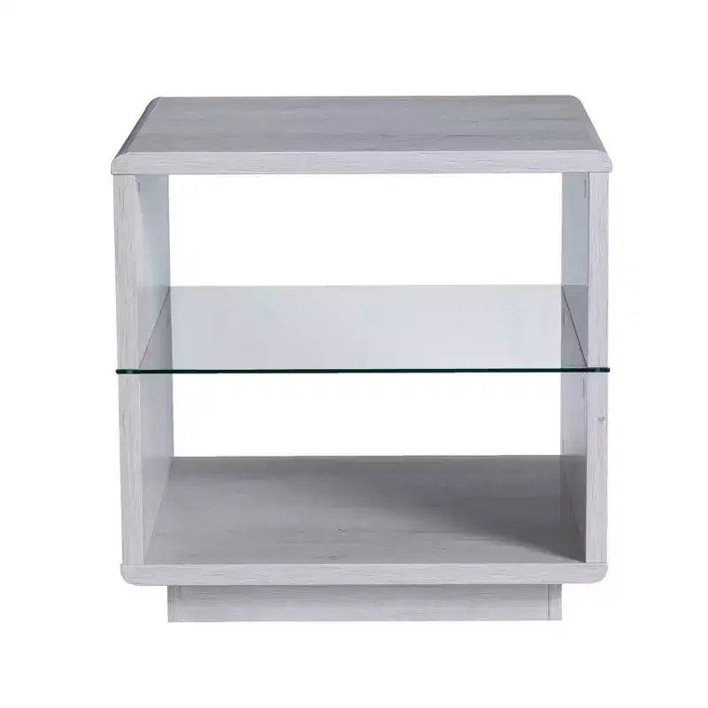miBasics Welnick Modern End Table with Glass Shelf White Oak : Tempered Top, Transitional Style, Storage Base