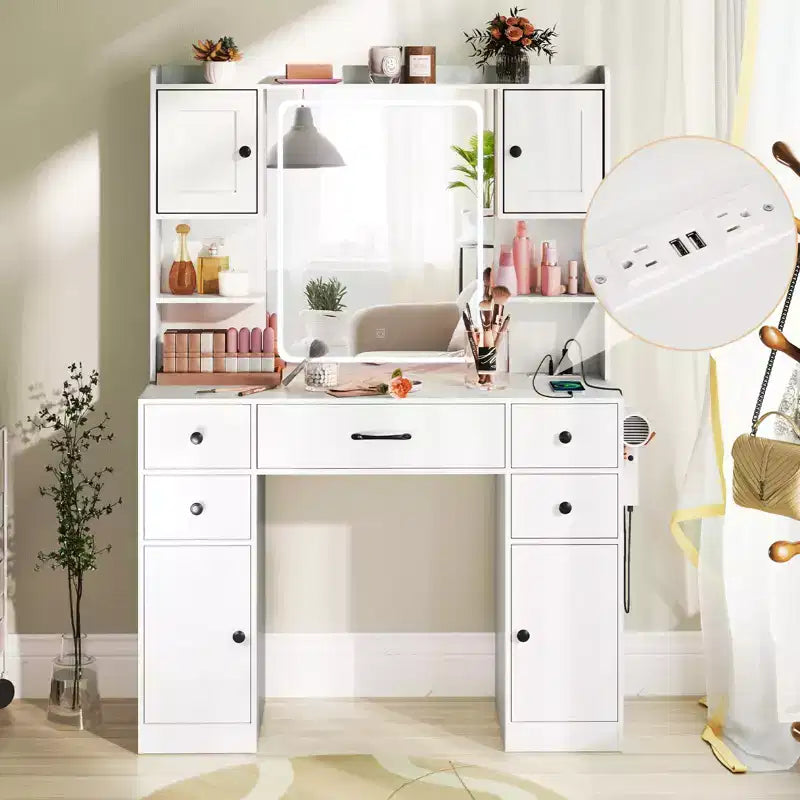 Costway Makeup Vanity Desk w/ Lighted Mirror Charging Station 3-Color Dimmable LED Lights