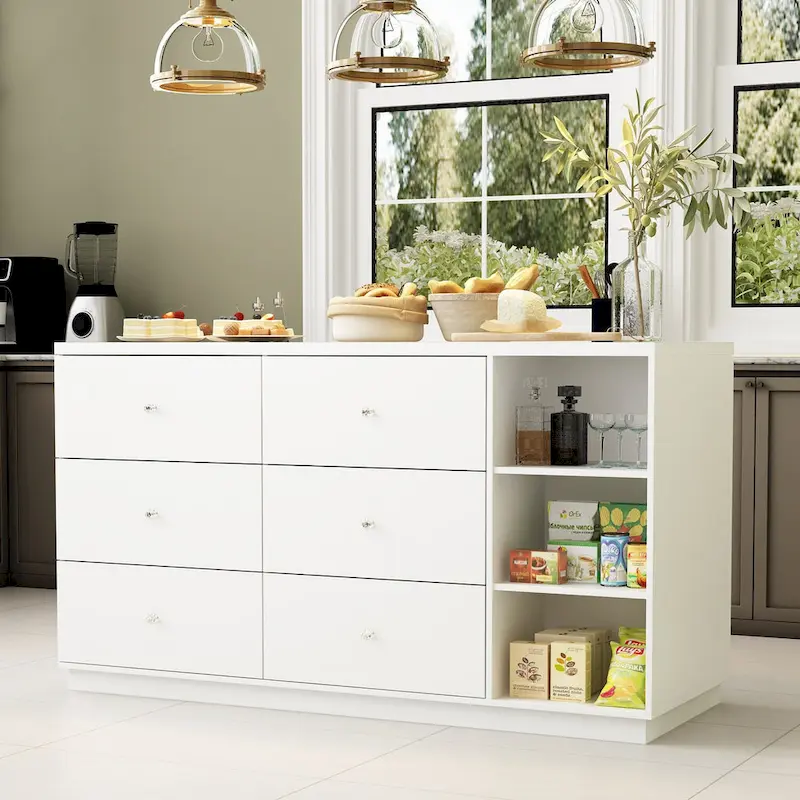 63W Kitchen Island White Storage Unit with Drawers and Cabinets - 63