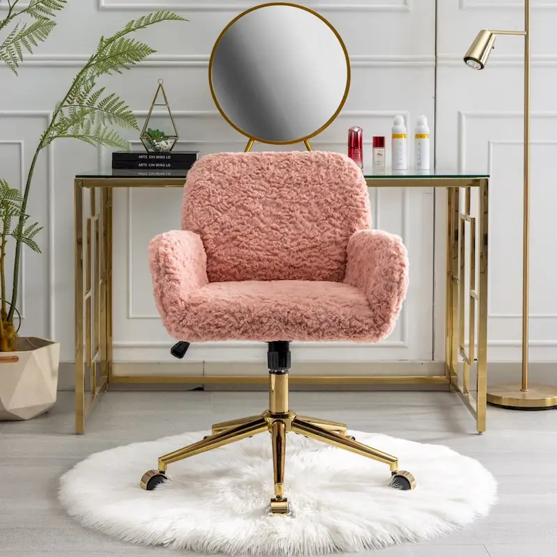 Pink Upholstered Office Chair with Golden Metal Base, Single
