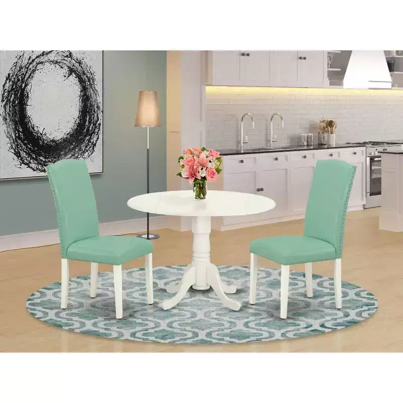 Round Kitchen Table Set 3pc 42 Inch Table w/ Drop Leaves & 2 Parsons Chairs - Modern Dining Set