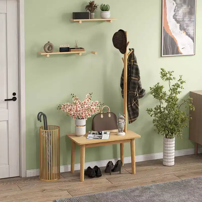 Costway End Table with Coat Rack 2-in-1 Side Table 3 Hooks for Hats Bags Coats Freestanding Natural/Brown