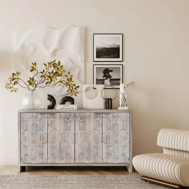 Farmhouse Style 4 Door Wooden Sideboard for Living Room