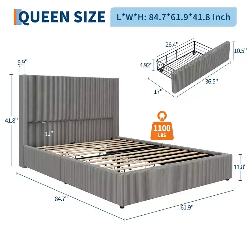 Soft Padded Platform Bed with Headboard, Wooden Slats for Support, 4 Drawers, no Spring Box, no Noise, Easy to Assemble, Extra-large Size, Grey
