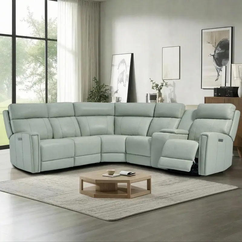104 W Genuine Leather Power Recliner Sectional Sofa with Zero Gravity, Ajustable Headrest, USB Ports & Console