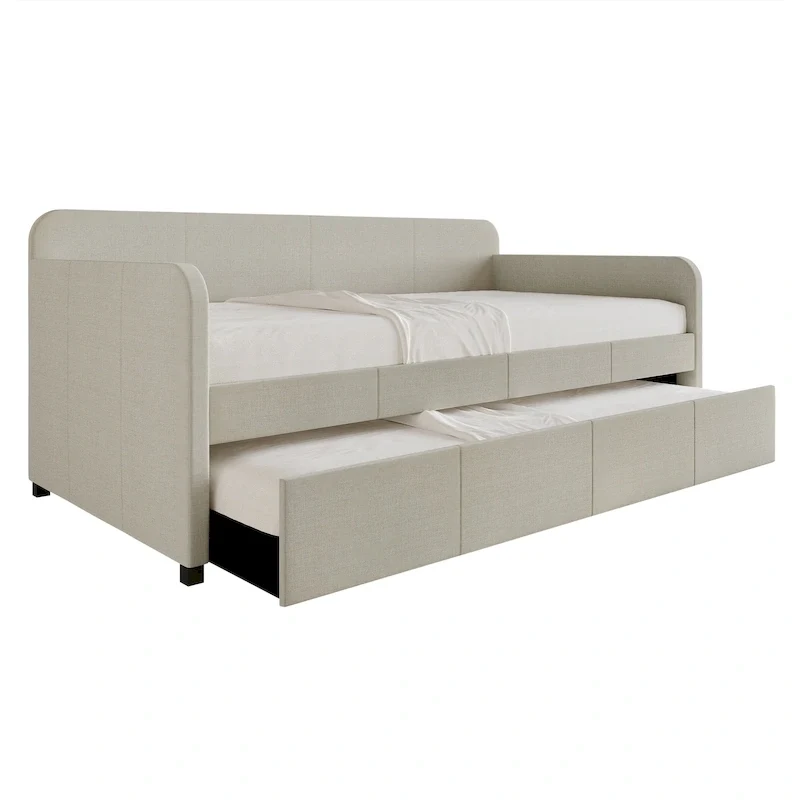 Upholstered Linen Daybed with Roll-Out Trundle