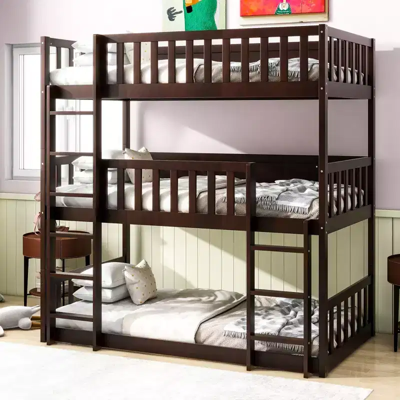 Bellemave Twin Size Triple Bunk Bed with LaddersFull Length GuardrailsRubber Wood Detachable Bunk Beds with Space Saving Design