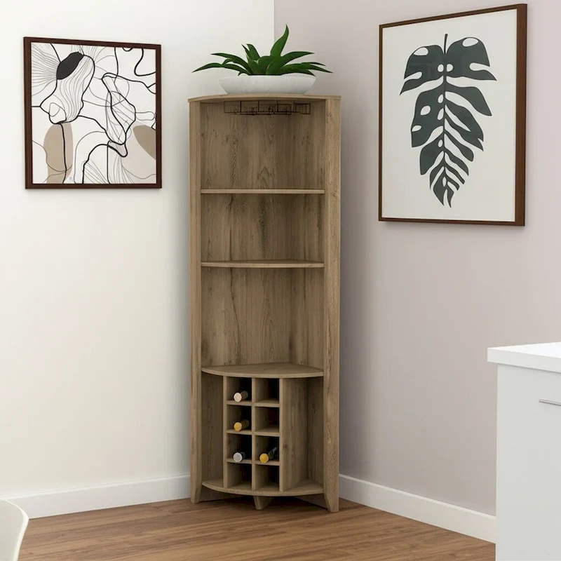 HomeRoots 71 Light Brown Wood Corner Bar Cabinet