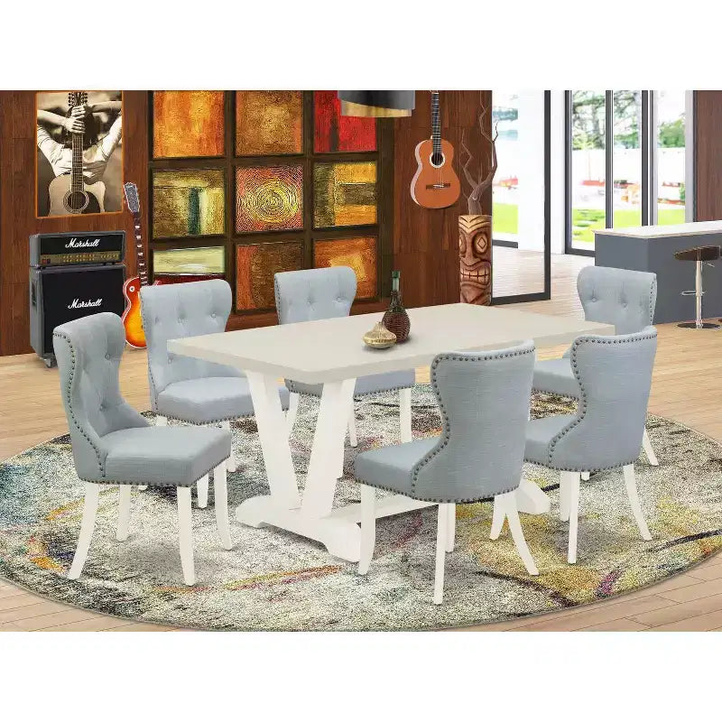 HomeStock 7-Piece Natural Oak Finish Solid Wood Top Dining Table with 6-Chairs