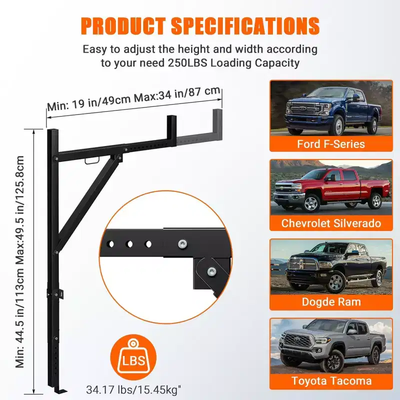 Ladder Rack for Pickup Trucks - 250 lb Capacity Adjustable Height Rack for Kayaks & Lumber