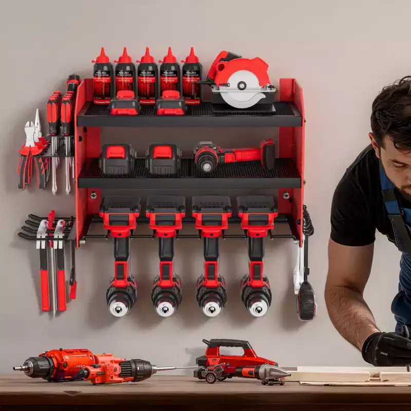 VEVOR Power Tool Organizer Wall Mount, 3-Layer Storage Rack with 4 Drill Holders, Tools Holder and Storage Rack with Side Pegboards, Red+Black