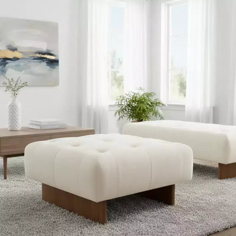Square Upholstered Tufted Linen Ottoman with Solid Wood Legs, Beige