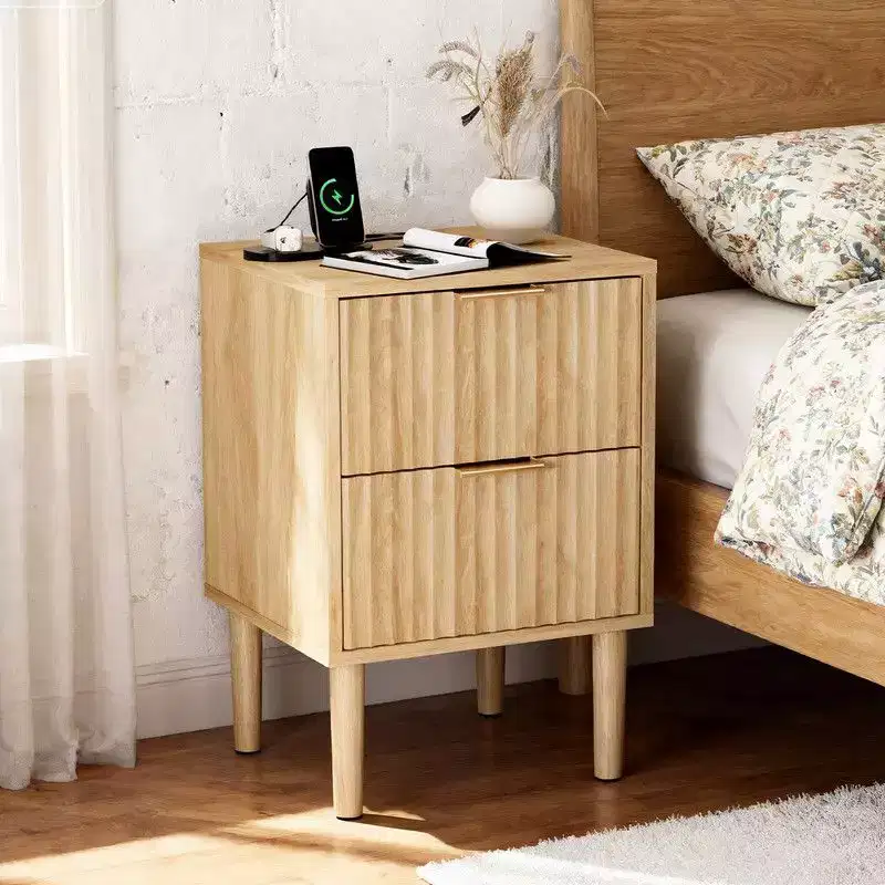 Oak Beige Nightstand with 2 Drawers & USB Ports, 1-Person