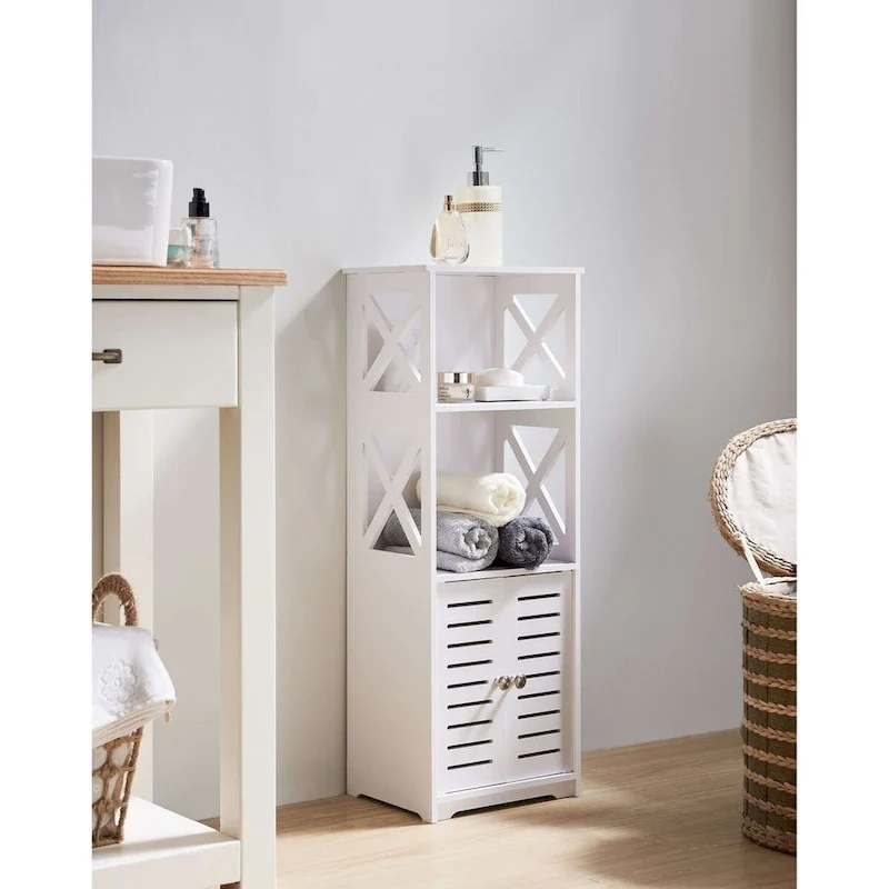 White Bathroom Floor Storage Cabinet with Open Shelves and Louvered Door