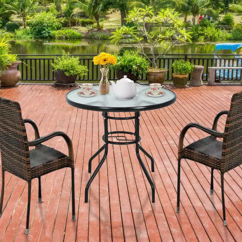 BestMassage Outdoor Table Patio Table Tempered Glass Tabletop with Umbrella Hole