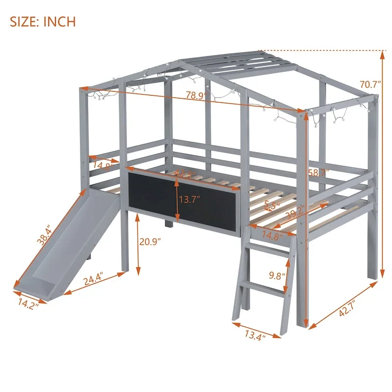 Grey Twin Size Wood House Loft Bed with Slide, LED Light and Blackboard