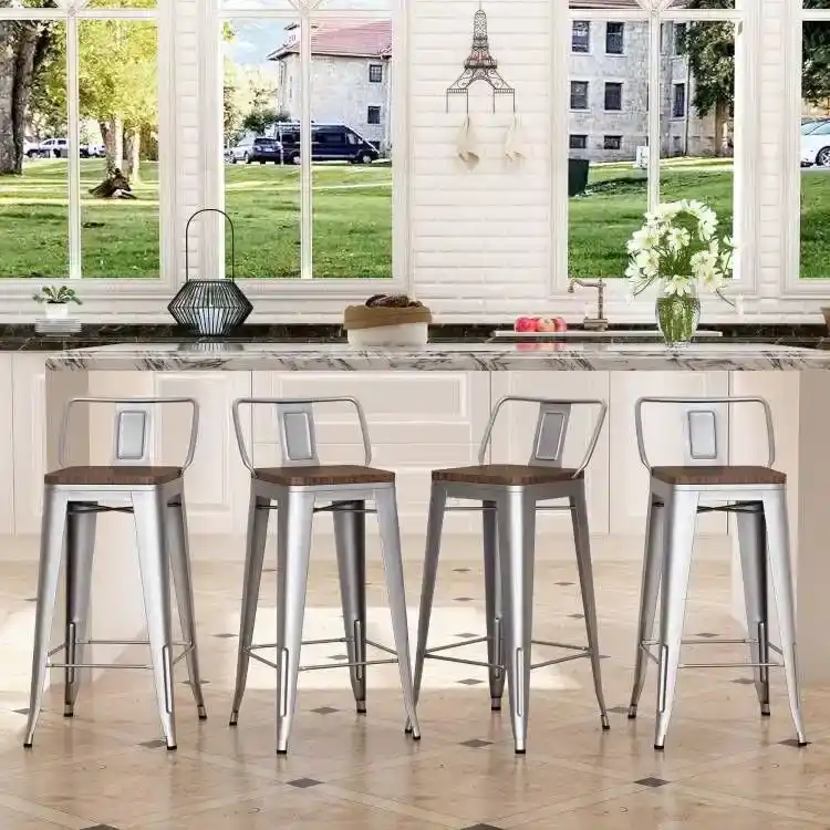 Silver Metal Bar Stool, Distressed Wood Seat, Set of 4, Counter Height