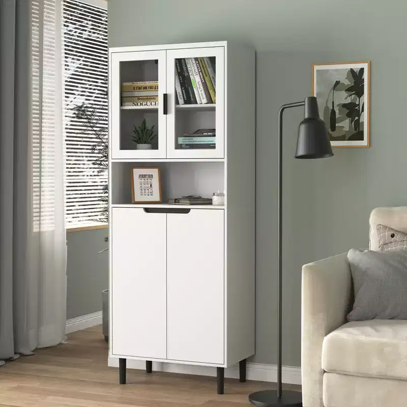 Tempered Glass Door Tall Storage Bookcase with adjustable board, 4 doors MDF painting finished cabinet, White, Living room Bedroom storage