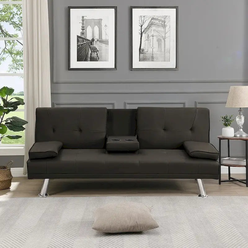 Convertible Sofa Bed – Black / Dark Brown, Faux Leather, 3-Position Recliner, Seats 2