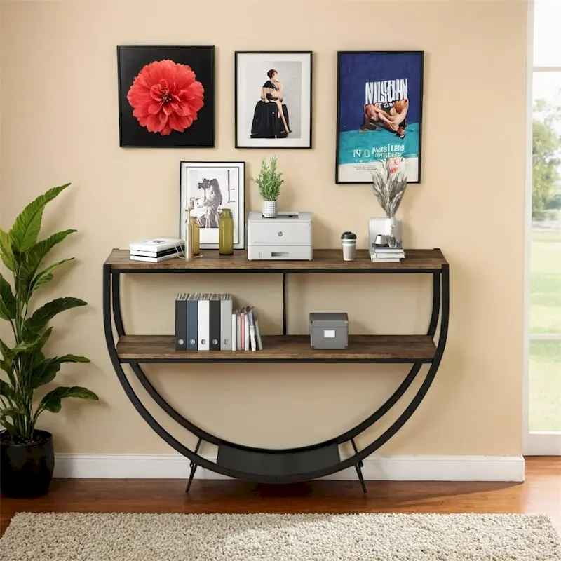 Rustic Demilune Shape Textured Metal Distressed Wood Console Table
