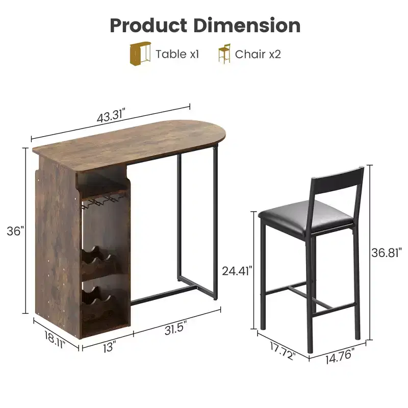 3 Piece Bar Table Set for 2, Counter Height Kitchen Table with 2 Stools & Storage Shelves & Wine Rack, Bar Table and Chair Set for Kitchen