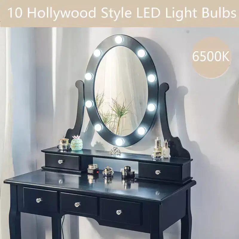 COZONY Vanity Desk with Lights, Wood Makeup Table with Oval Mirror & Stool, 3-Color Lighting, 5 Large Drawers