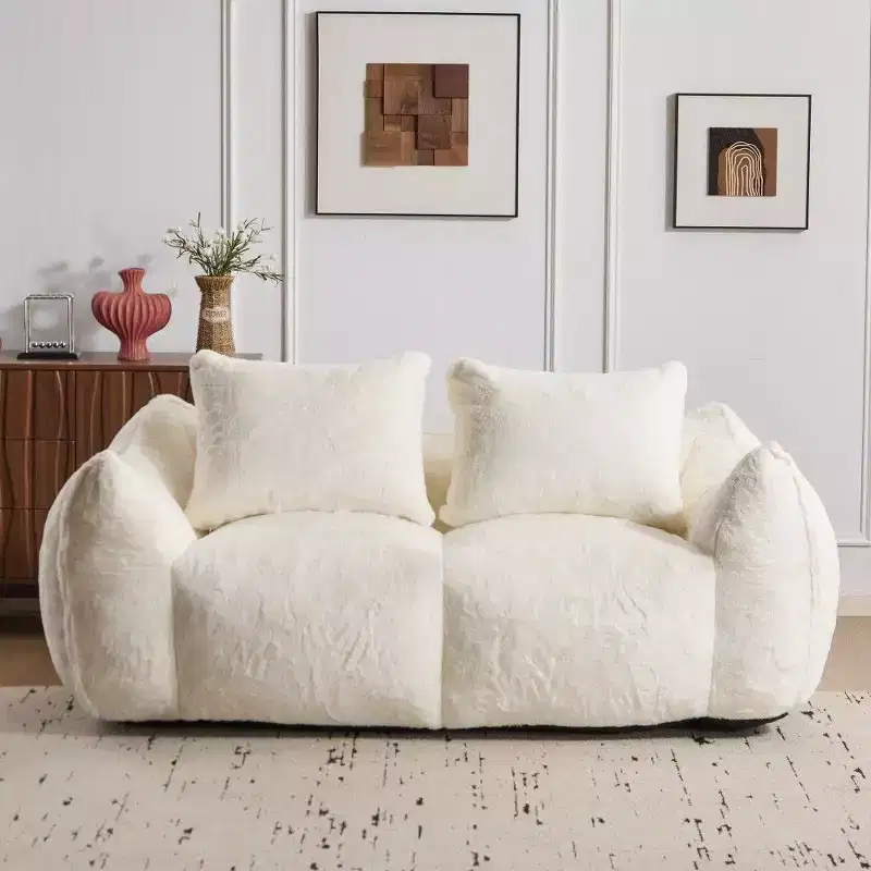 No Assembly Bean Bag Couch, 75.2 Oversized Fluffy Loveseat with 2 Pillows, Faux Fur 2-Seater Couch for Living Room, Bedroom