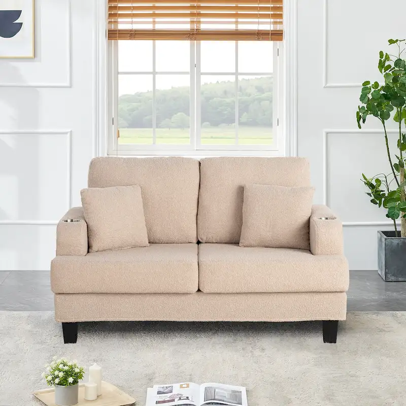 61 Small Beige Loveseat Sofa with 2 Pillows and Cup Holder