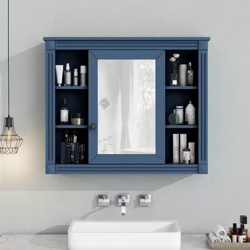 Bathroom Wall Cabinet with 6 Shelves, 35-Inch Wide Mirror Front, Adjustable Storage Space, Blue Finish, Easy Mount Included
