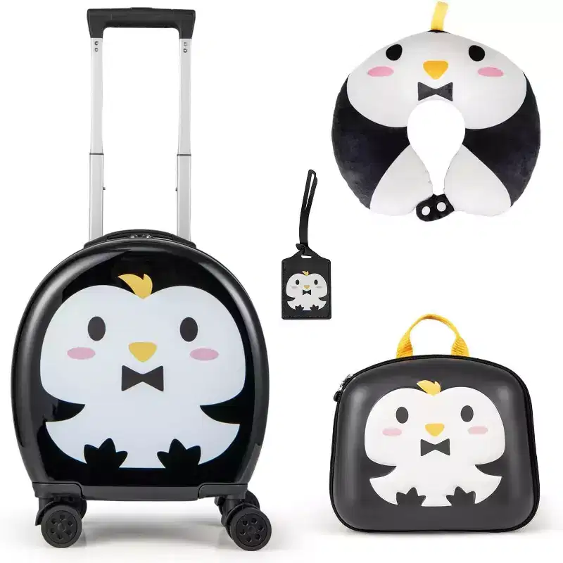Gymax 4-Piece Children's Luggage Collection Featuring a Hard-Shell Spinner Carry-On and Toddler Suitcase Pink/ Black + White/Blue + White