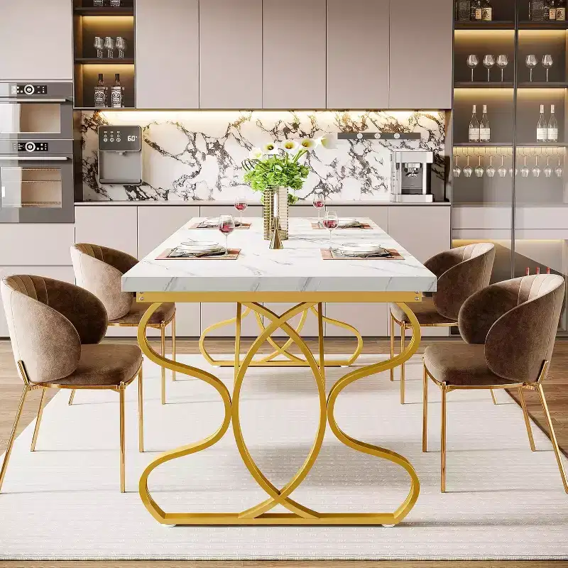 Lantine 63-Inch Dining Table for 4 to 6, Rectangular Modern Kitchen Dinner Table with White Faux Marble and Gold for Dining Room