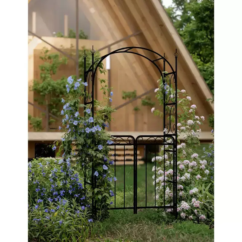 GustoWave 95 Garden Arch Arbor with Gate, Metal Arch Trellis, Garden Archway for Climbing Vines, Wedding Decoration, Black