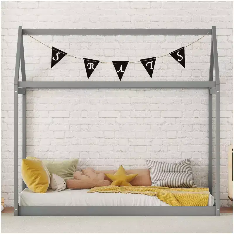 Twin Size Wooden House Floor Bed with Roof - Easy Assembly, No Box Spring Needed for Kids