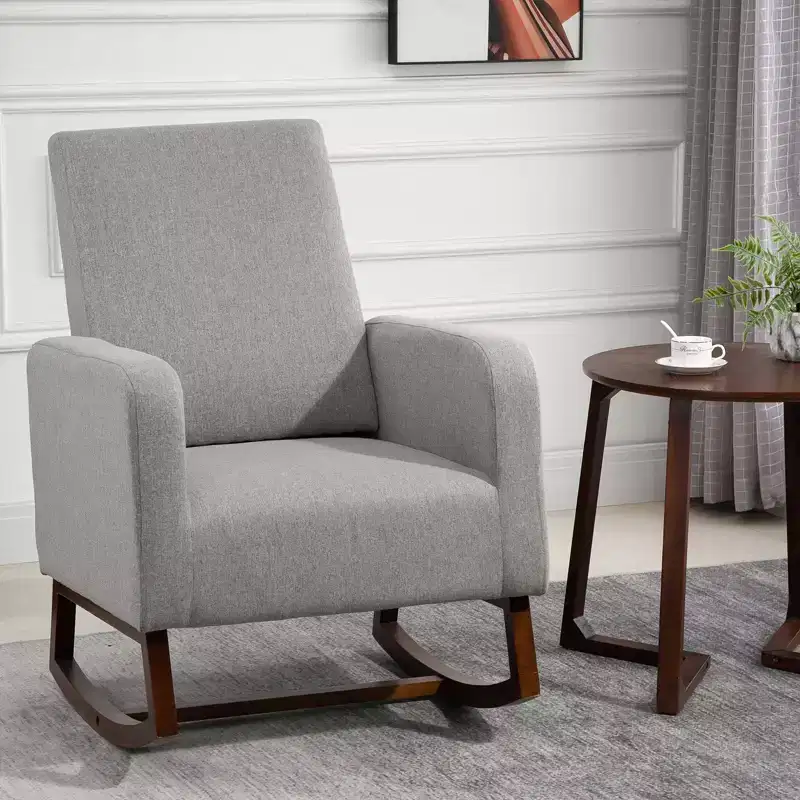 Accent Lounge Rocking Chair with Solid Curved Wood Base and Linen Padded Seat