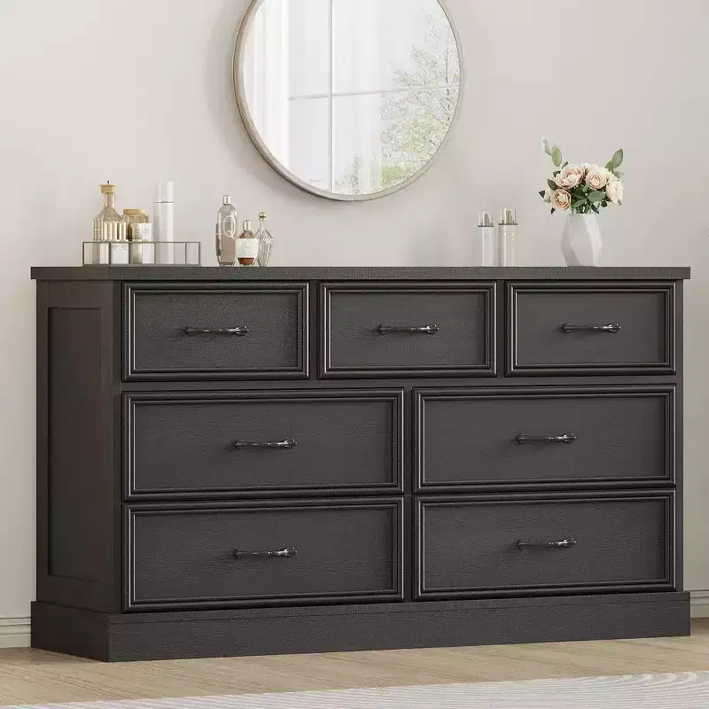 Farmhouse 7 Drawer Dresser, 55 Wide 7 Chest of Drawers Storage with Sturdy Foundation, White Wooden TV Stand for Bedroom Living Room Nursery