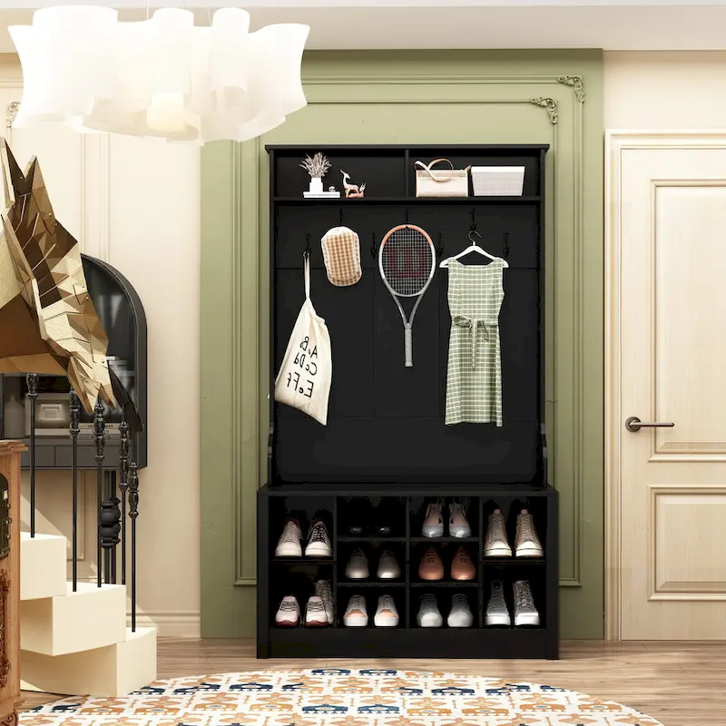 Entryway Hall Trees Bench Shoe Storage Cabinet Coat Rack Hooks White
