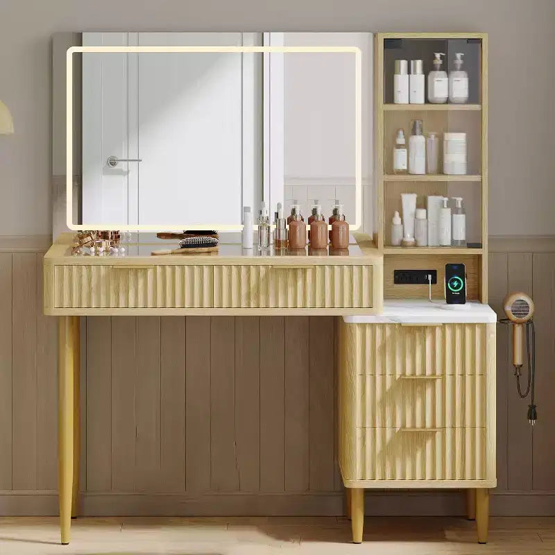 Vanity Desk with Mirror and Lights, Makeup Desk with 3-Color LED, 5 Drawers, 3 Storage Shelves, Power Outlet, for Bedroom, Oak