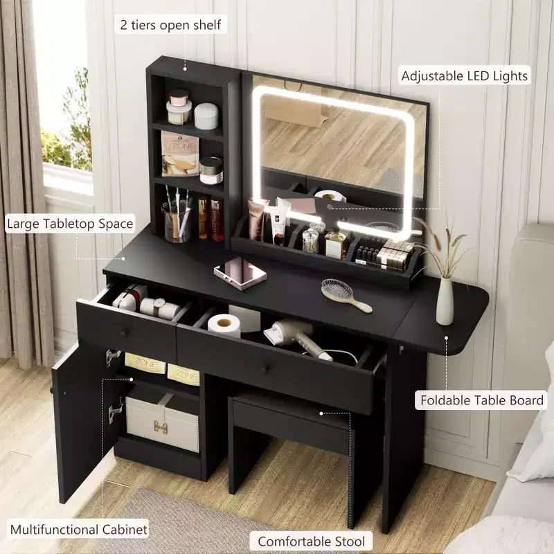 Makeup Vanity Desk Set  Mirror, Drawer, Storage Chair, 3 Shelves  Cute Small Dressing Table for Bedroom, Dorm, Teen or Gift