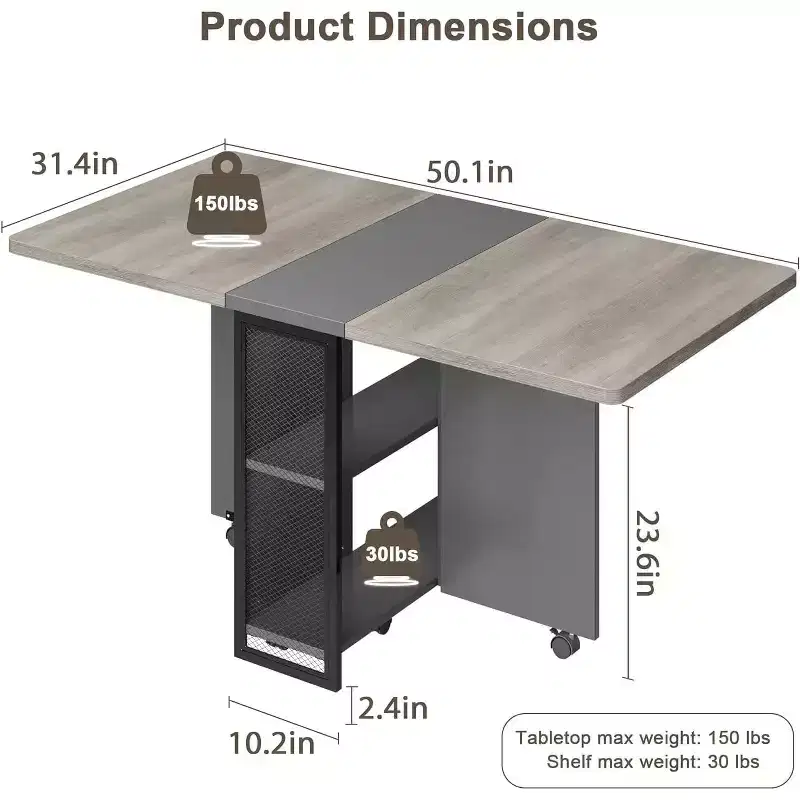 Folding Dining Table with Storage,Drop Leaf Table w/Wheels,Multifunction Expandable Dining Table with 2 Storage Shelves for Kitchen,Living Room
