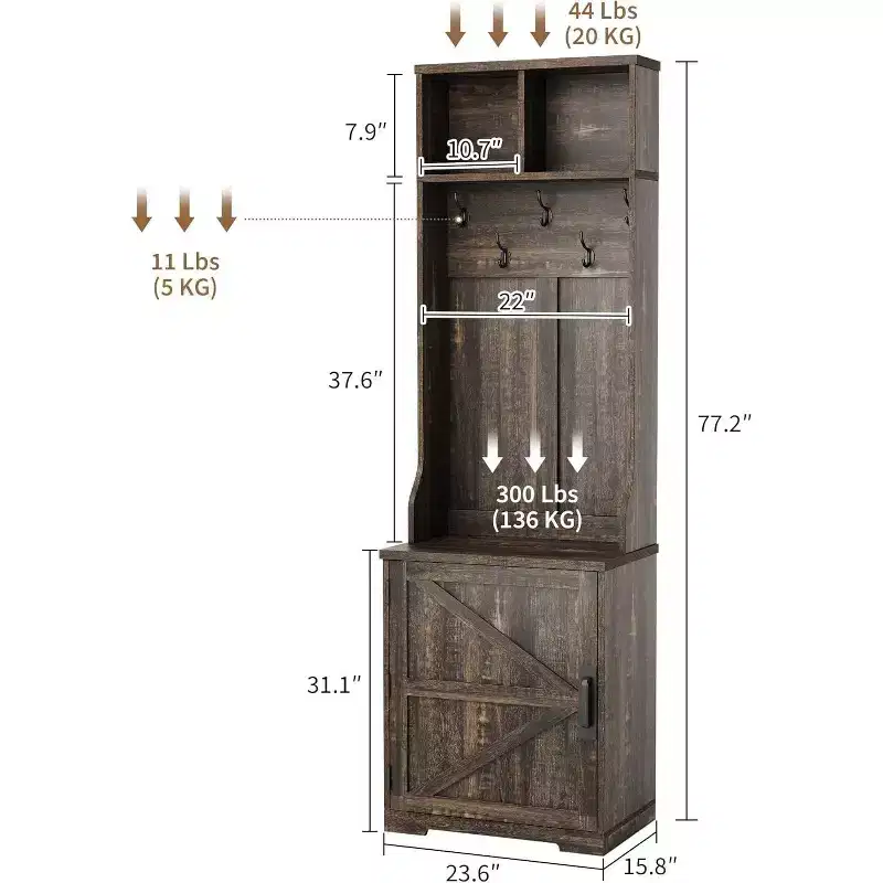 Farmhouse Narrow Coat Rack with Shoe Storage, 23.6 Small Hall Tree with Bench, 5 Hooks, 2 Cubbies & 1 Barn Door Cabinet for Entryway, Living room