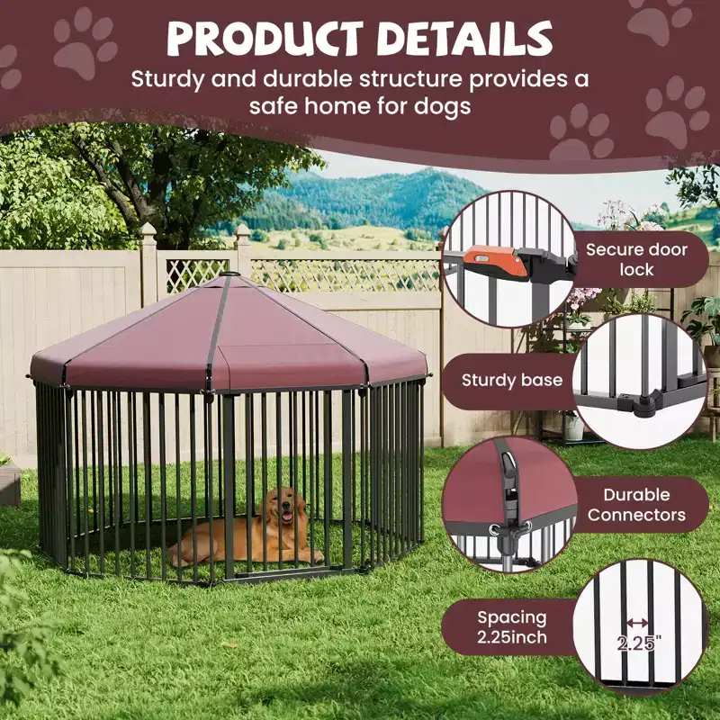 Foldable Outdoor Dog Kennel with Roof, Heavy Duty Hexagonal Metal Pet Playpen, Lockable Gate & Weatherproof Canopy for Backyard, Patio