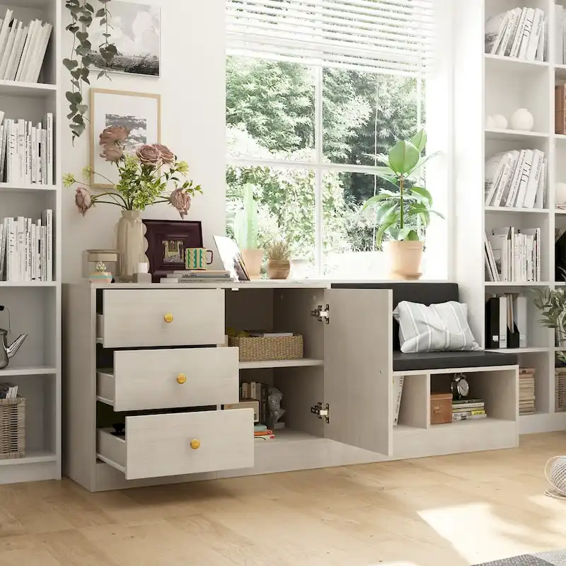 Shoe Storage Bench with Cushioned Seat and Adjustable Shelf
