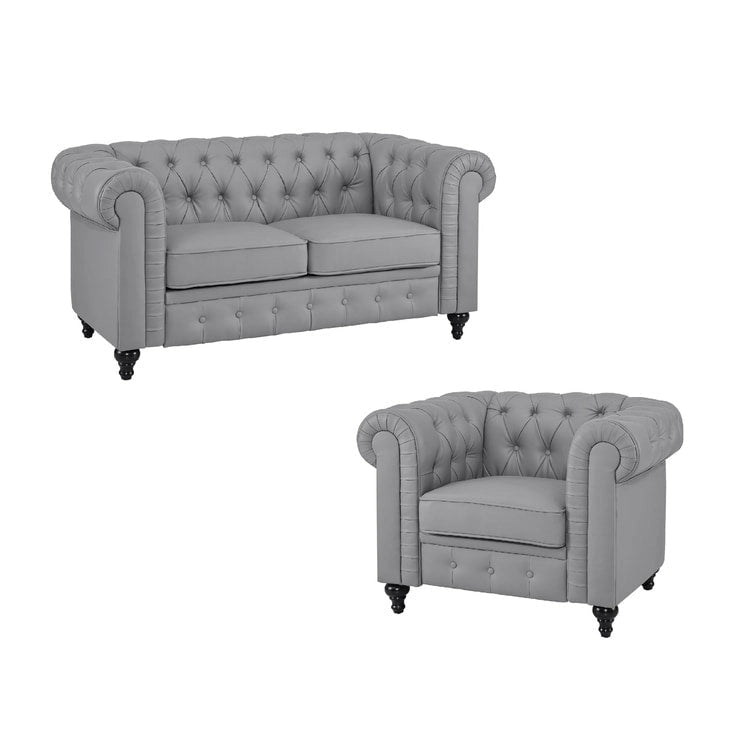 Chesterfield Elegance Collection: Loveseat and Accent Chair with Rolled Arms for Living Room, Office, Reception